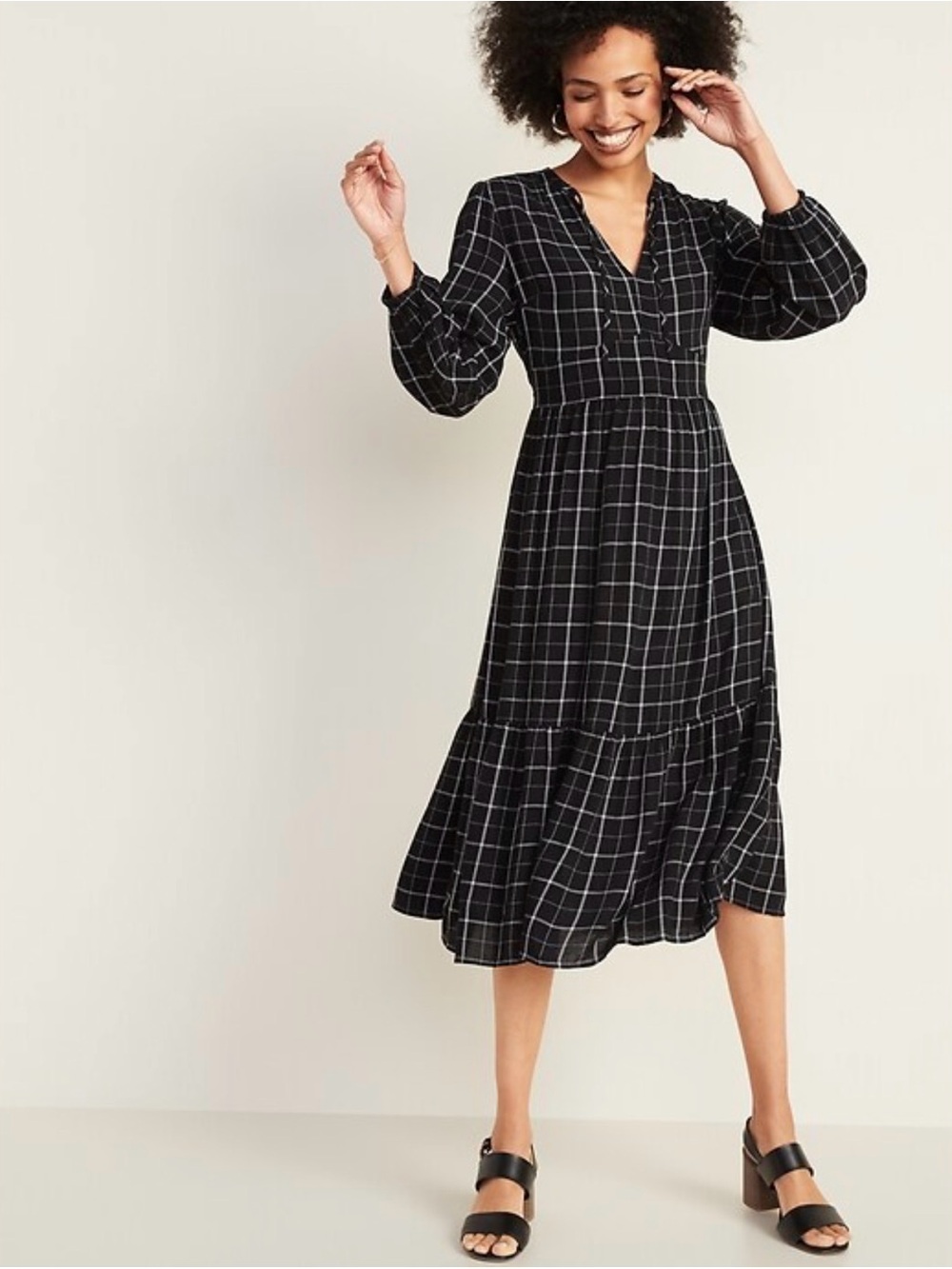 Old Navy Black and White Windowpane Long-Sleeve Midi Dress